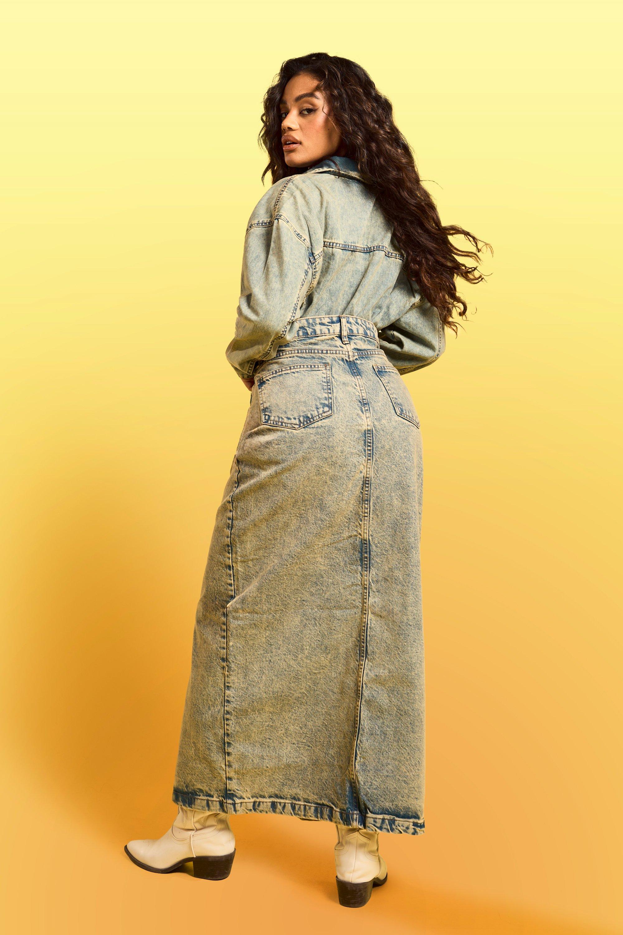 Denim maxi skirt floor cheap length